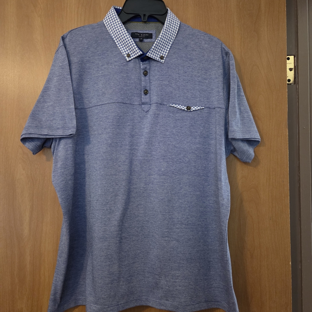 TED BAKER LONDON Blue Polo with Checkered Collar Size S
